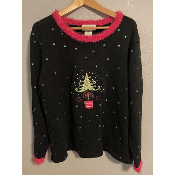 Mandal Bay Sweater Womens XL Black Sequin Christmas Tree Fuzzy Trim Ugly Xmas - Picture 1 of 7